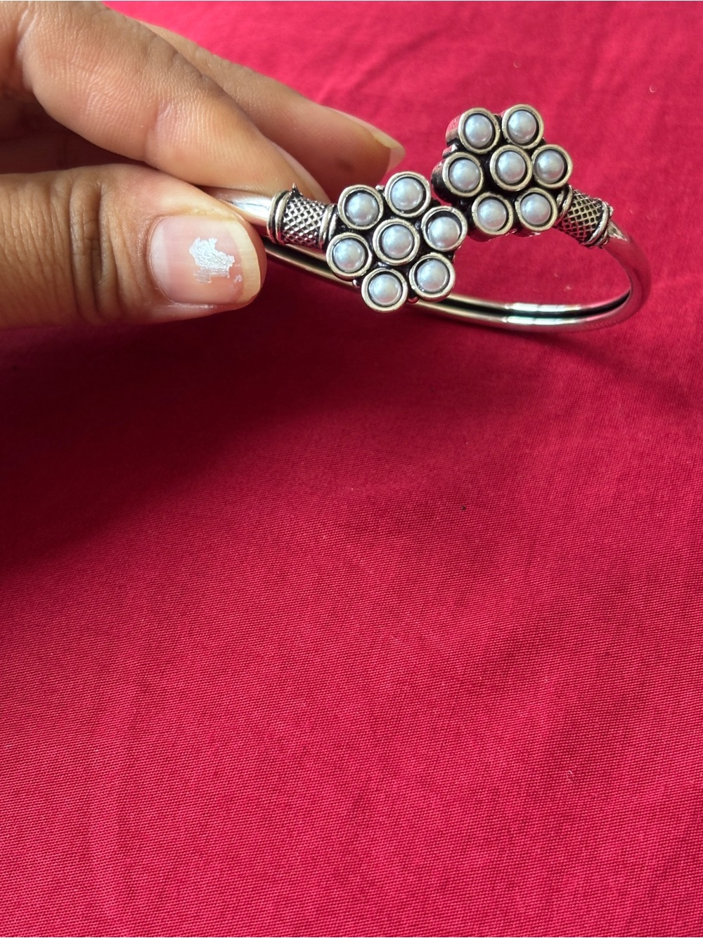 Silver Tone Pearl Floral Open Kada Cuff Bracelet